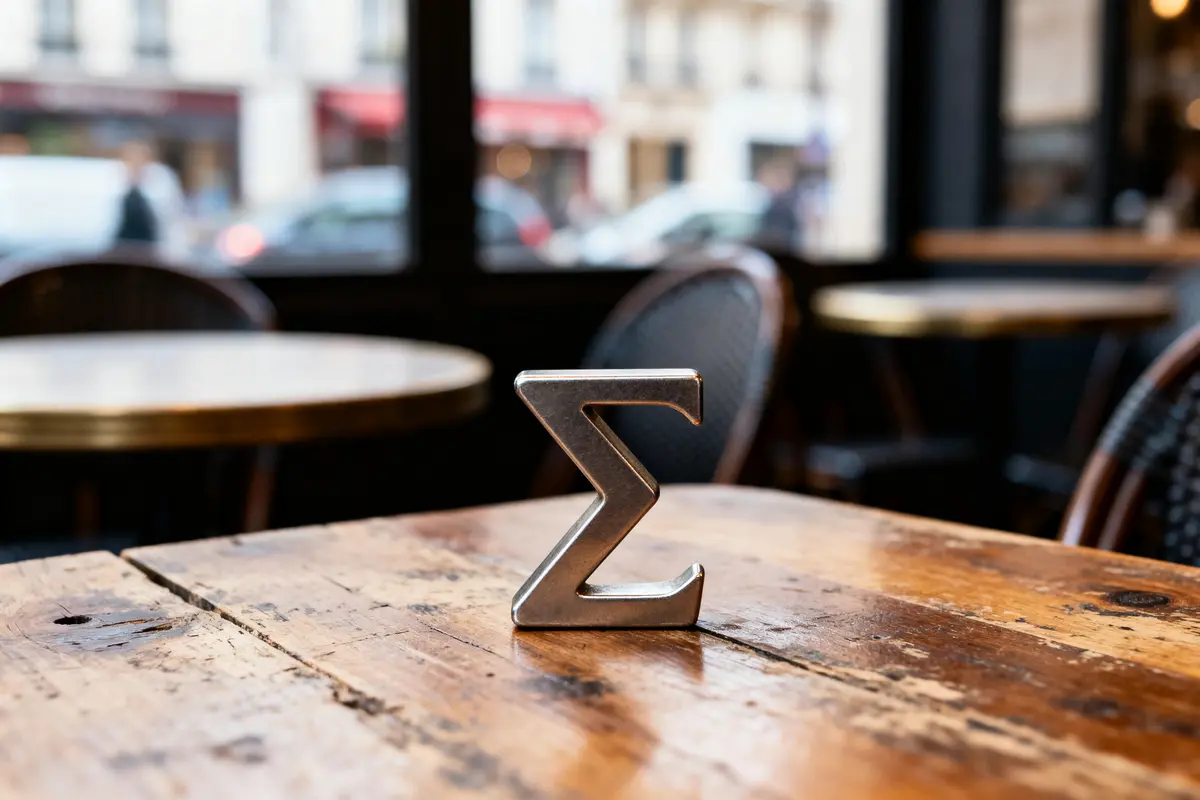 Symbole Sigma métallique sur table en bois, café en arrière-plan flou, ambiance chaleureuse.