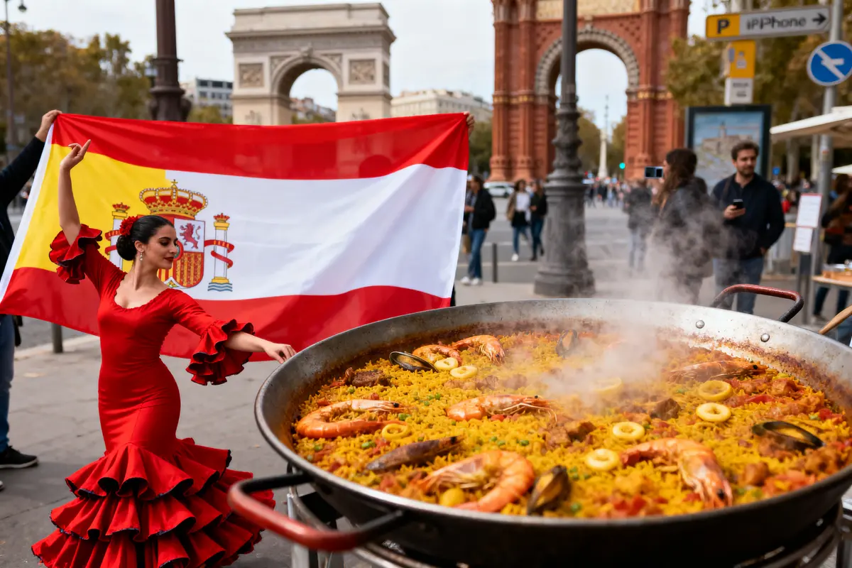 Danseuse en robe rouge avec drapeau espagnol près d'une grande paella fumante, rue animée en arrière-plan.