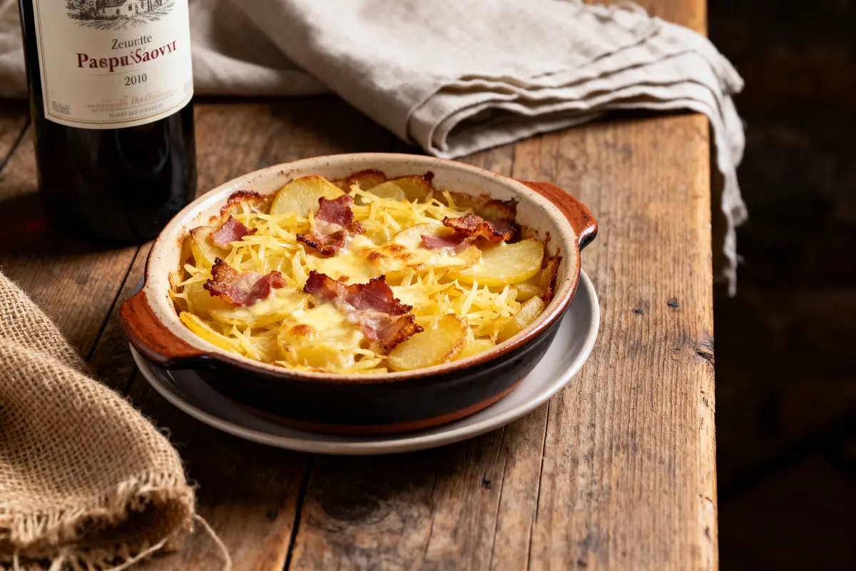 Plat de pommes de terre et bacon gratiné, bouteille de vin rouge sur table en bois rustique.