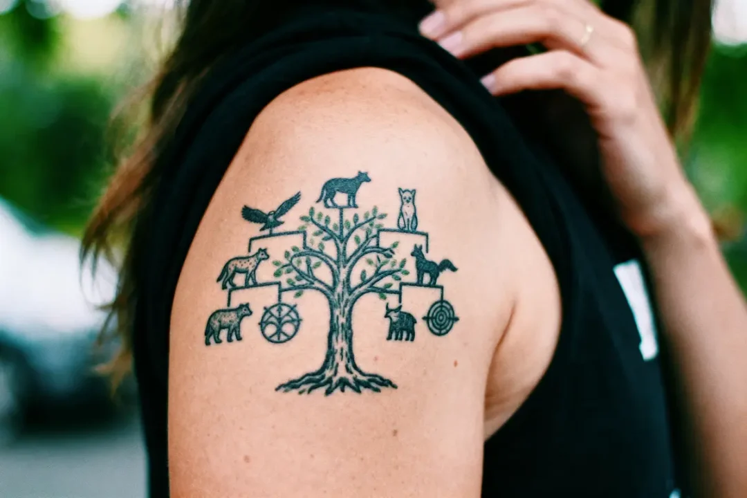 Tatouage d'arbre généalogique animal sur le bras, avec divers animaux stylisés et motifs géométriques.
