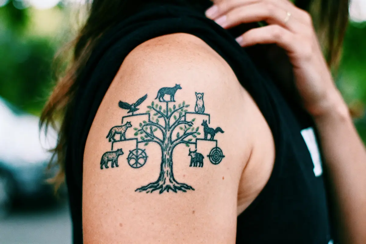 Tatouage d'arbre généalogique animal sur le bras, avec divers animaux stylisés et motifs géométriques.