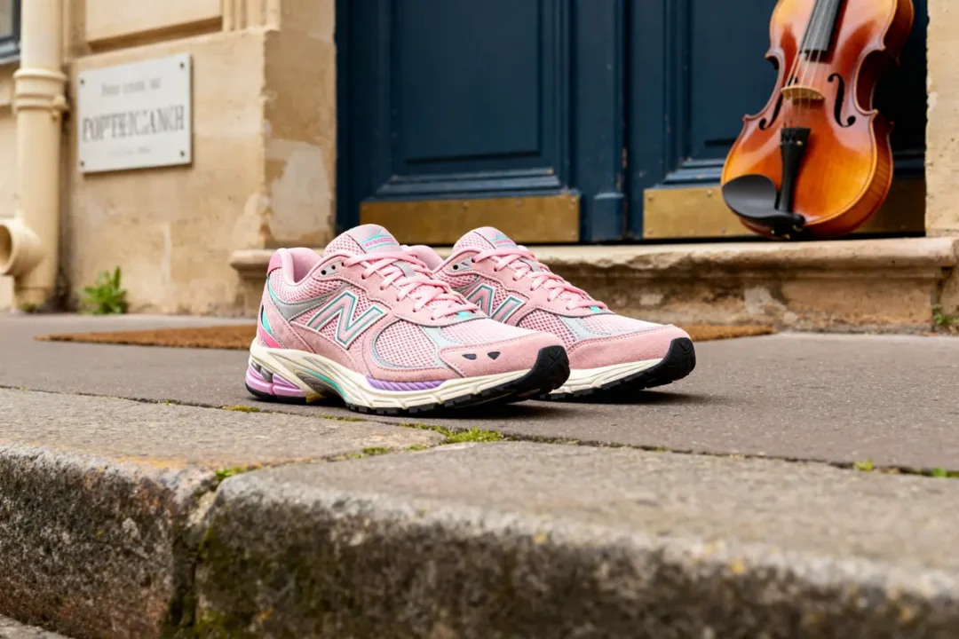 Chaussures 2002R Protection Pack rose sur un trottoir près d'un violon vintage.