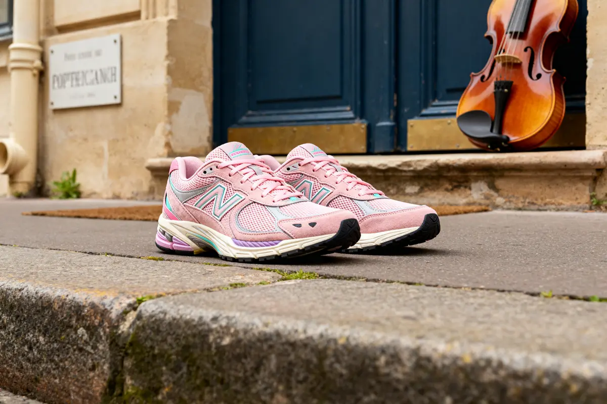 Chaussures 2002R Protection Pack rose sur un trottoir près d'un violon vintage.