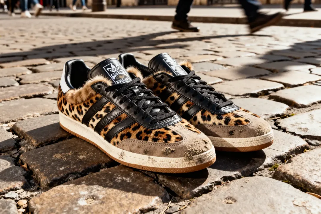 Chaussures Adidas Samba léopard posées sur des pavés ensoleillés sans personne autour