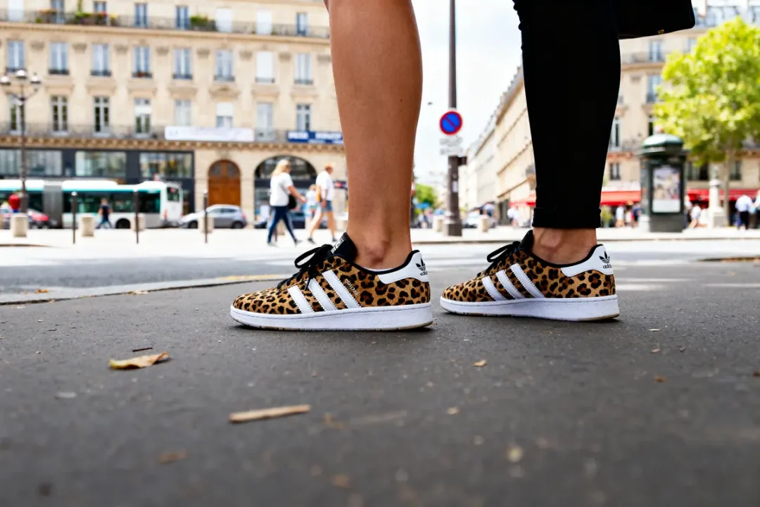 Deux personnes portent des baskets Adidas femme léopard sur un trottoir en ville