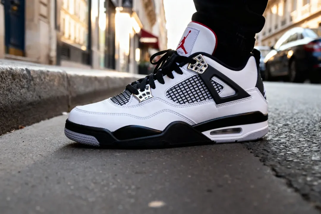 Chaussure Air Jordan 4 Retro blanche noire sur trottoir urbain en arrière-plan flou
