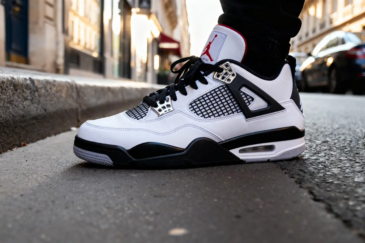 Chaussure Air Jordan 4 Retro blanche noire sur trottoir urbain en arrière-plan flou