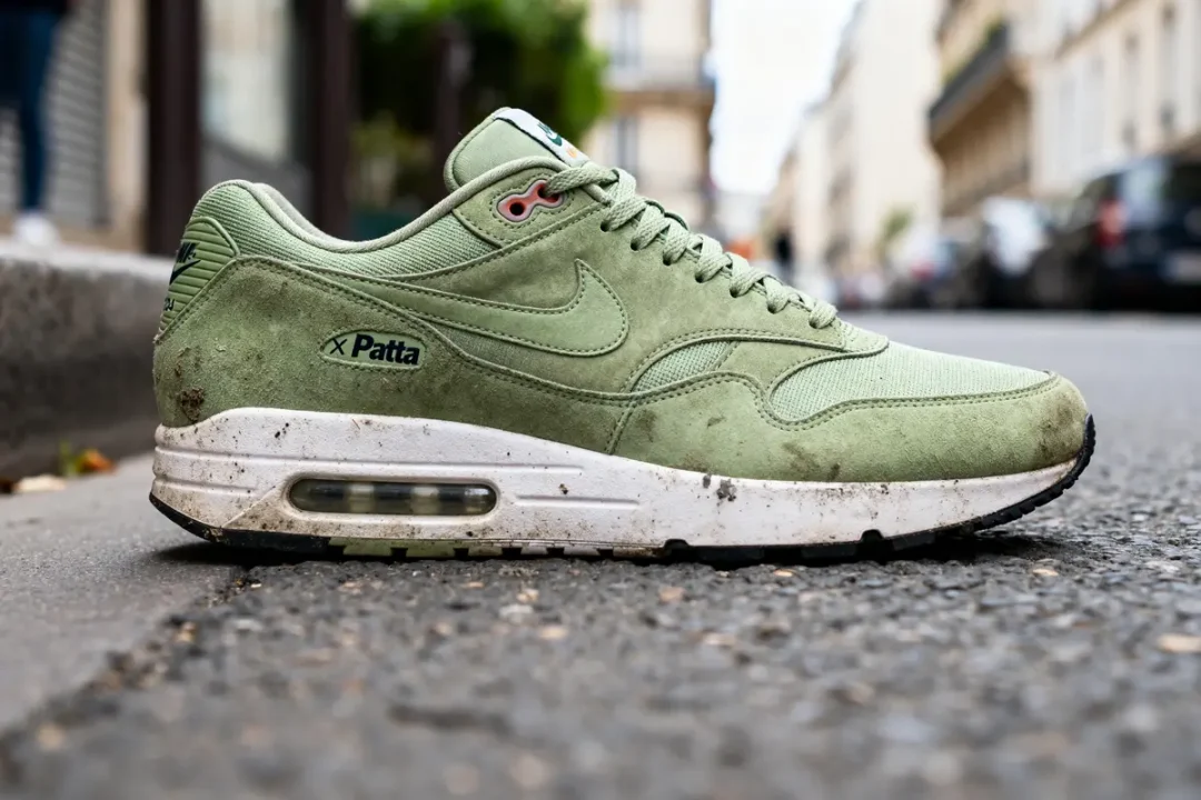 Chaussure Air Max Chlorophyll verte sur un trottoir urbain avec détails Patta visibles