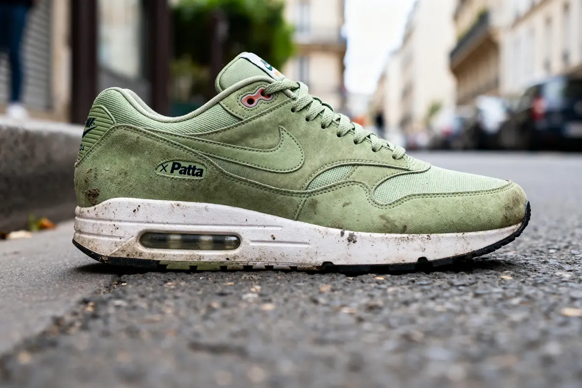 Chaussure Air Max Chlorophyll verte sur un trottoir urbain avec détails Patta visibles