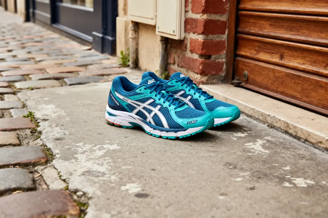 Chaussures Asics Gel 1130 bleu turquoise posées sur un trottoir pavé devant une maison