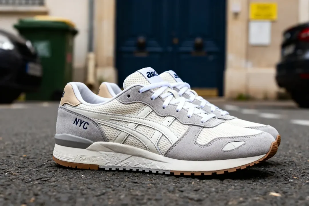 Chaussures Asics Gel NYC Ivory Clay Grey posées sur route pavée en extérieur urbain
