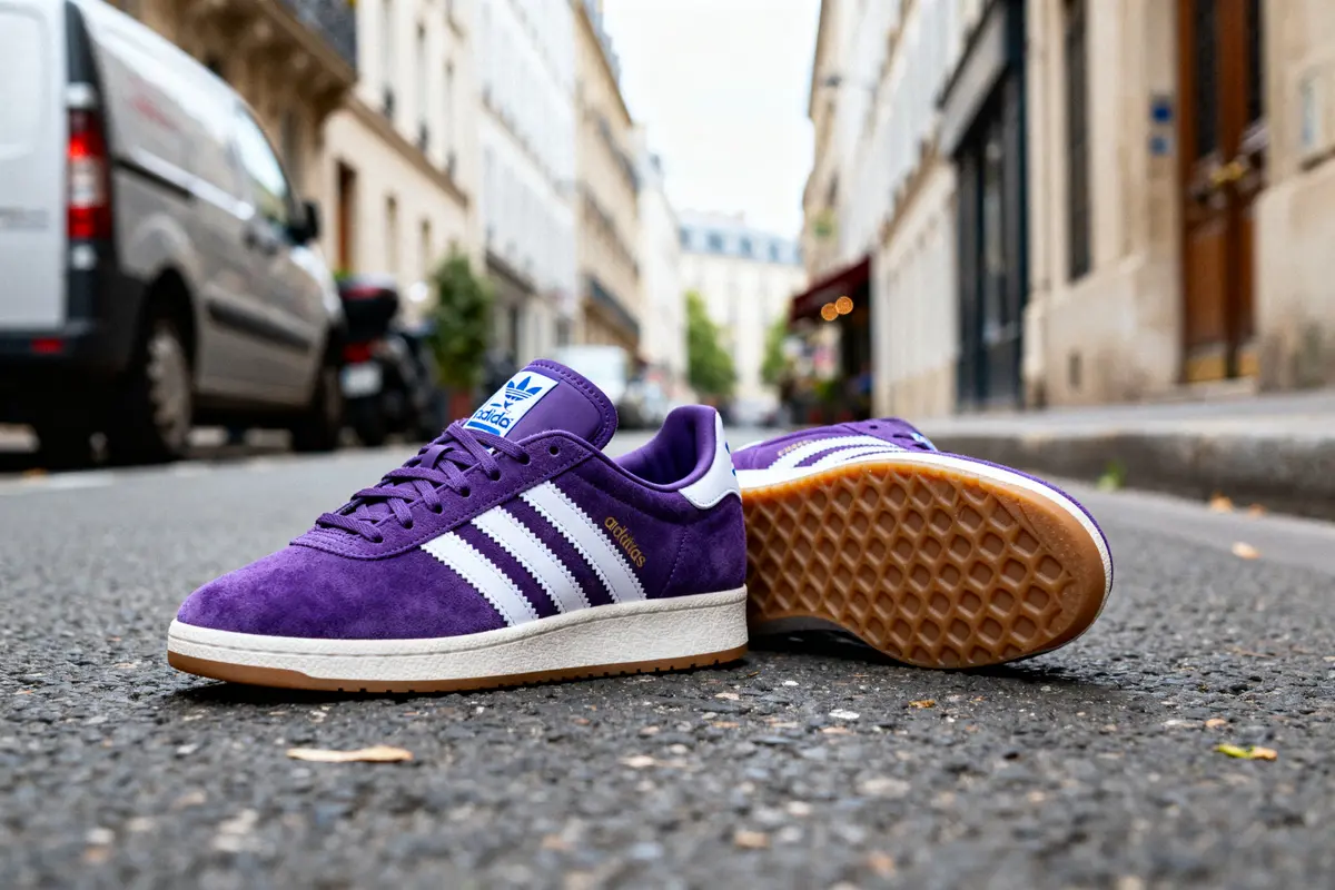 Chaussures Adidas Campus violette posées sur une rue pavée en ville