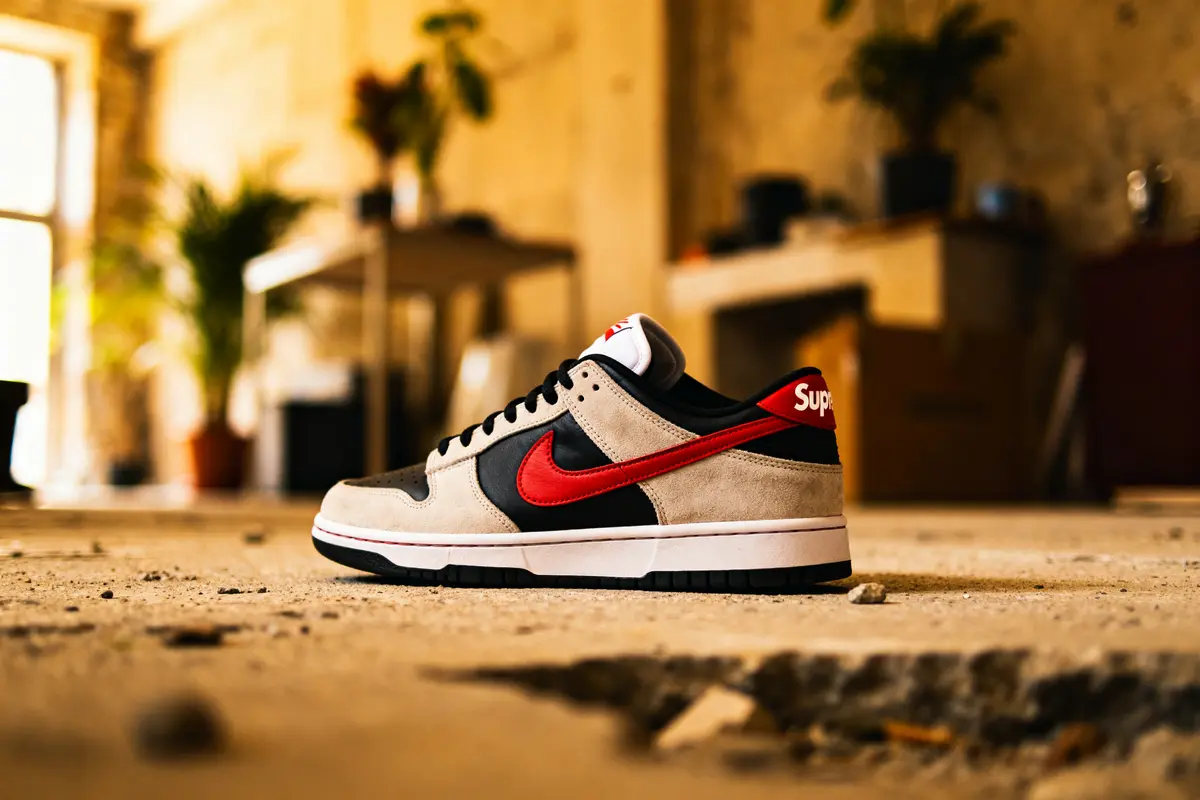 Chaussure Supreme avec logo rouge et noir posée sur un sol en béton industriel