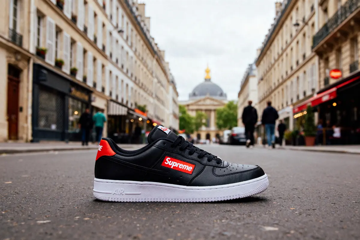 Chaussure Supreme au centre d'une rue parisienne avec bâtiments historiques en arrière-plan