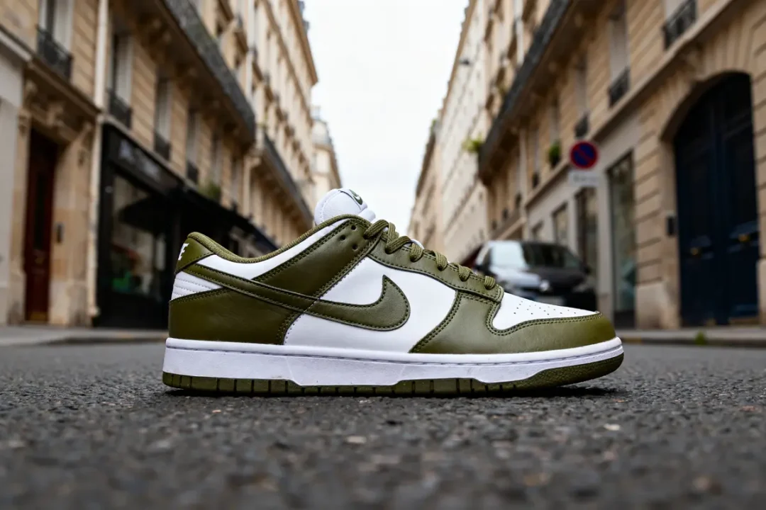 Une chaussure Dunk olive posée sur une rue pavée entre des bâtiments.
