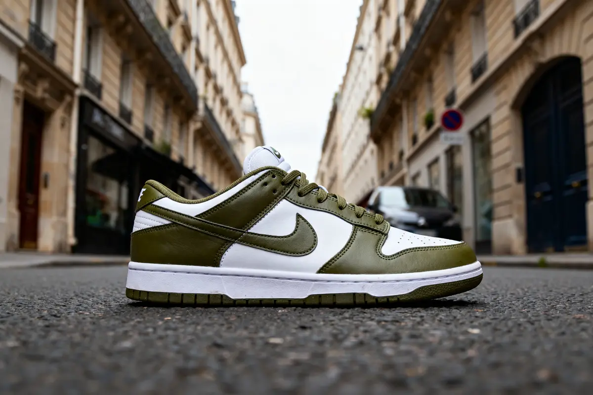 Une chaussure Dunk olive posée sur une rue pavée entre des bâtiments.