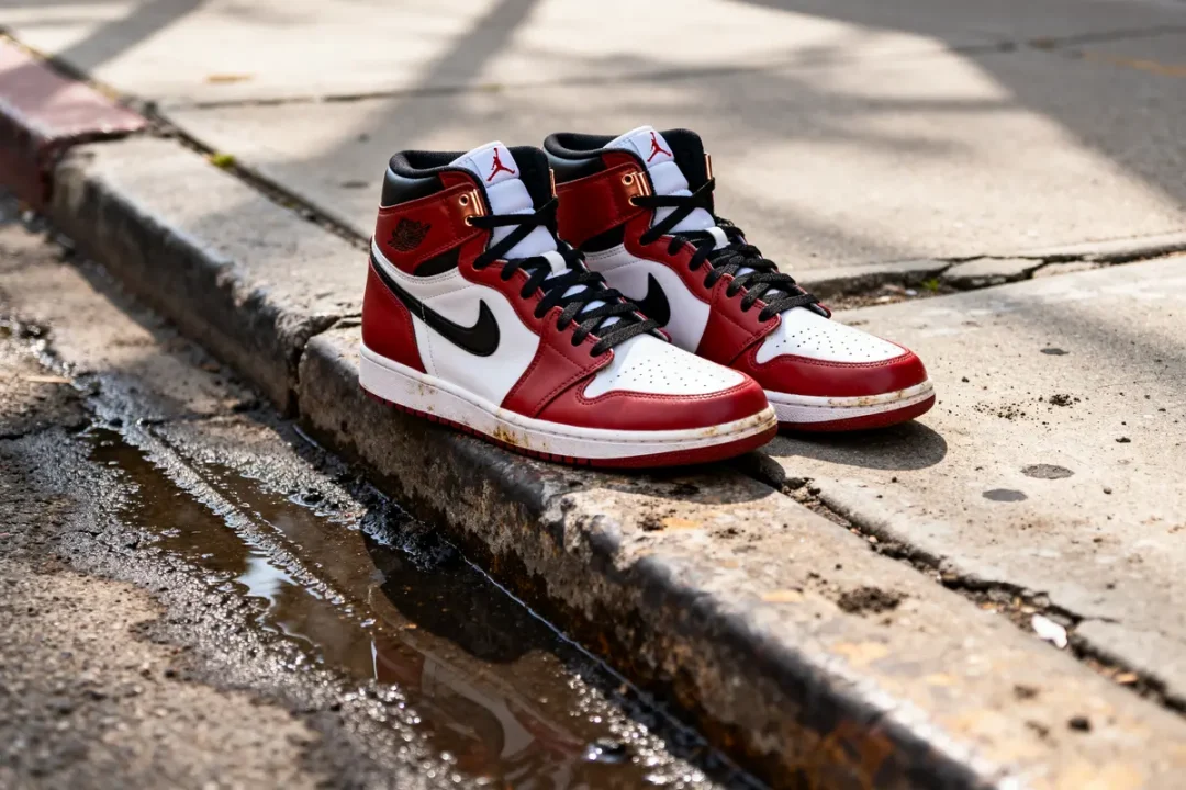 Paire de Jordan 1 High rouges et blanches posée sur un trottoir urbain