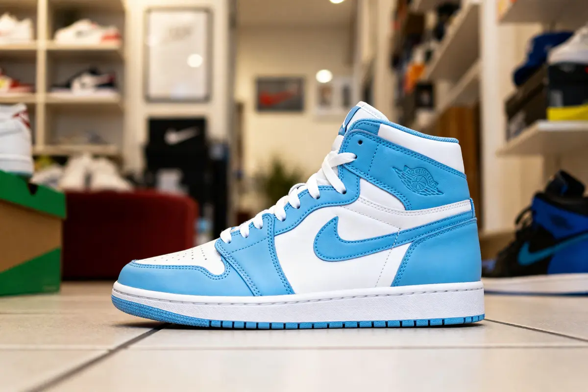 Sneaker Jordan 1 bleu ciel exposée en magasin sur sol carrelé, arrière-plan flou.