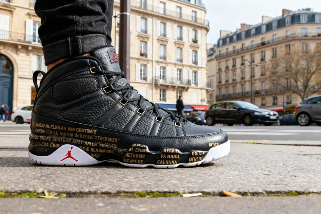 Sneaker noire Jordan 9 en gros plan dans une rue parisienne animée.