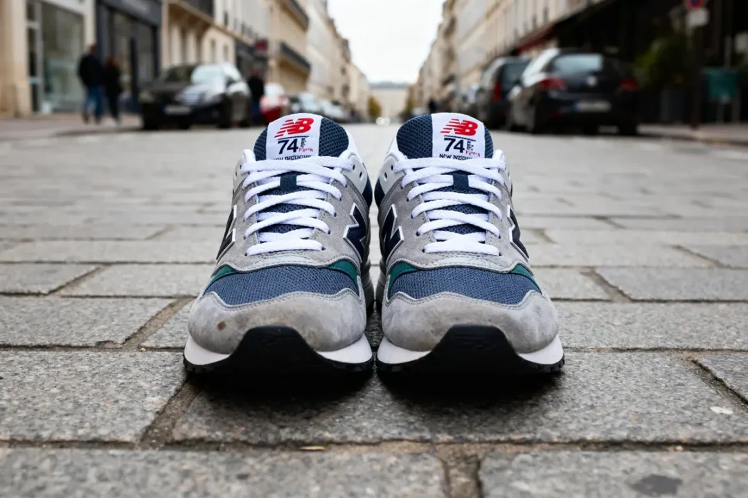Paire de baskets New Balance 740 grises et bleues posées sur une rue pavée.