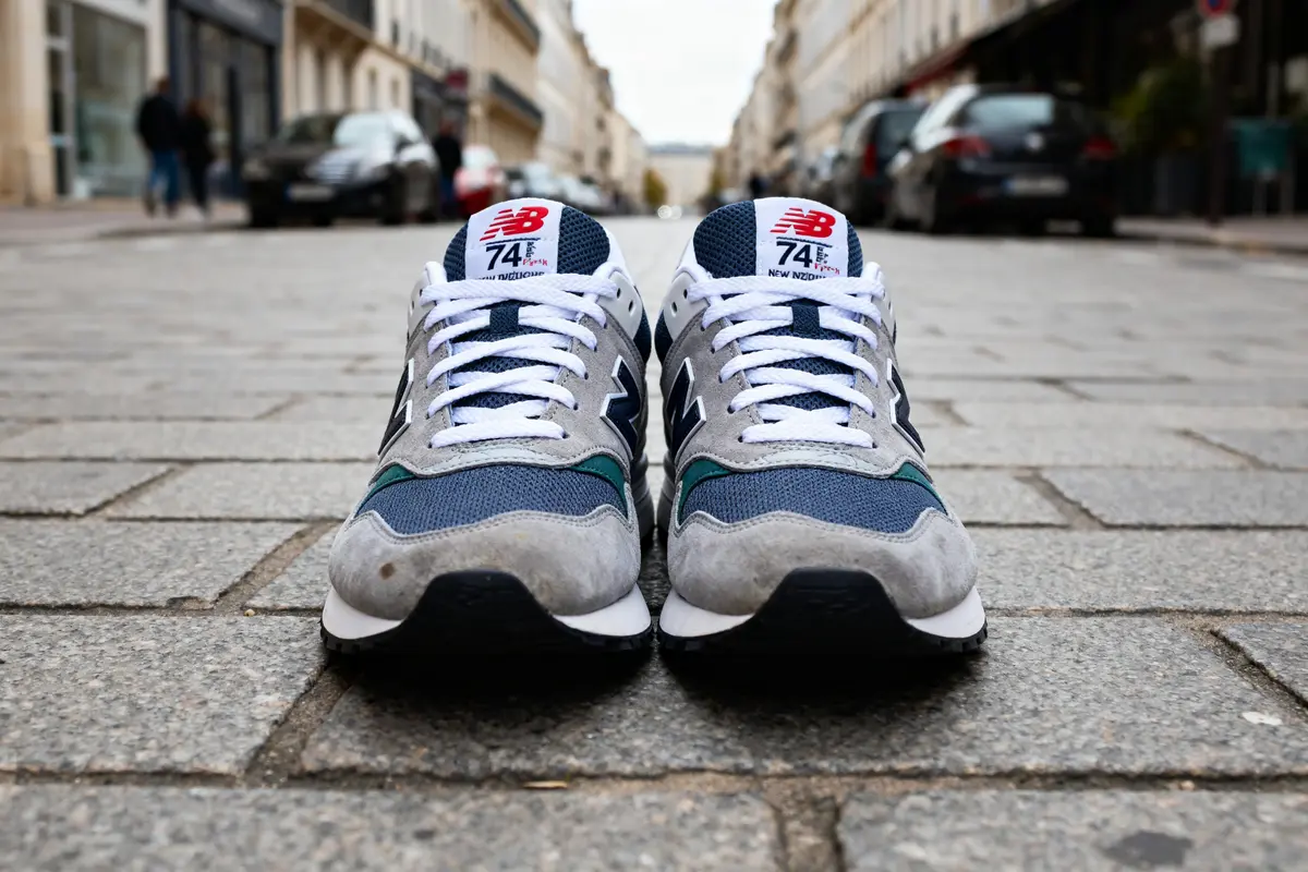 Paire de baskets New Balance 740 grises et bleues posées sur une rue pavée.