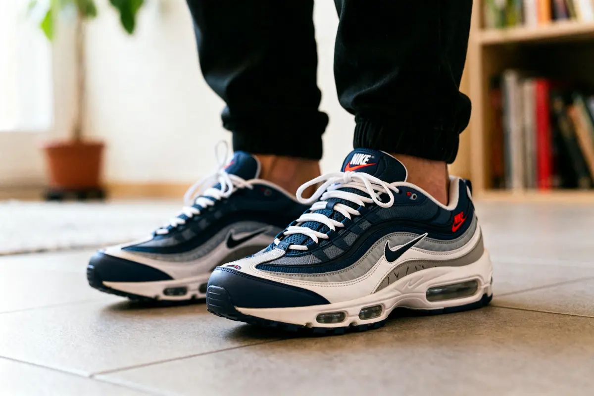 Personne portant des baskets Nike Max 96 bleues et blanches sur sol intérieur clair