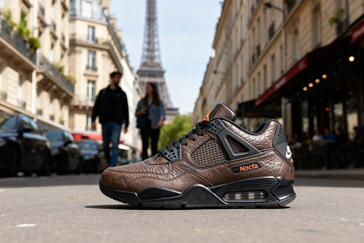 Basket Nocta Hot Step 2 marron en cuir sur fond de Paris et Tour Eiffel