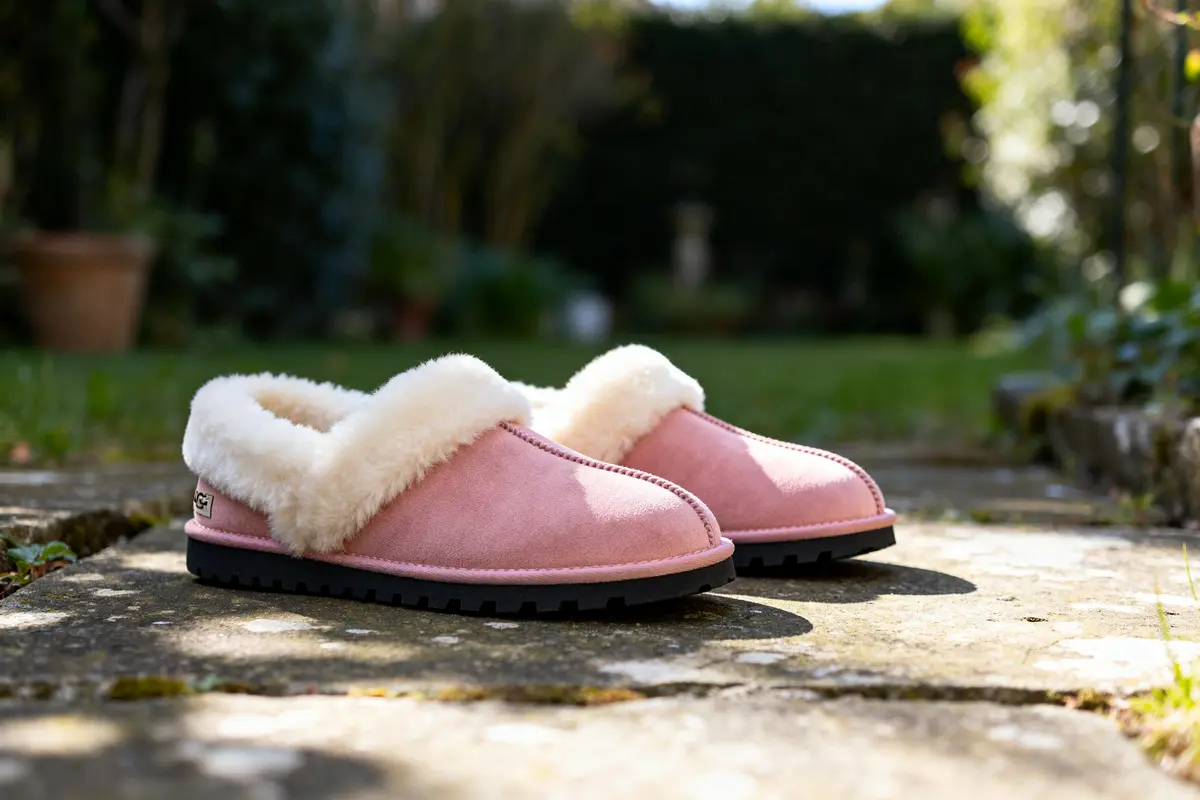 Chaussons Ugg Tasman rose avec fourrure blanche sur terrasse extérieure ensoleillée