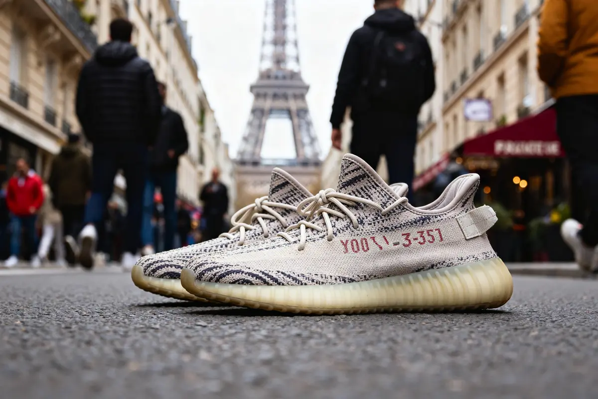 Yeezy Boost 350 shoes posées sur une rue parisienne avec la Tour Eiffel en arrière-plan