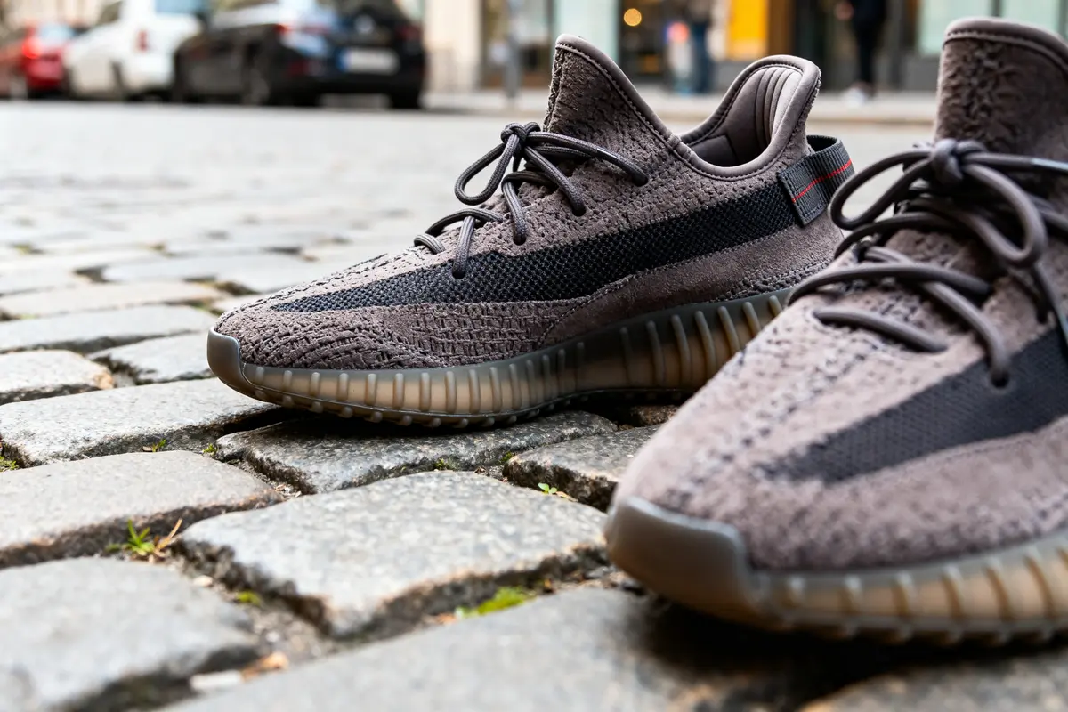 Yeezy boots en gros plan sur pavés urbains avec voitures floues en arrière-plan