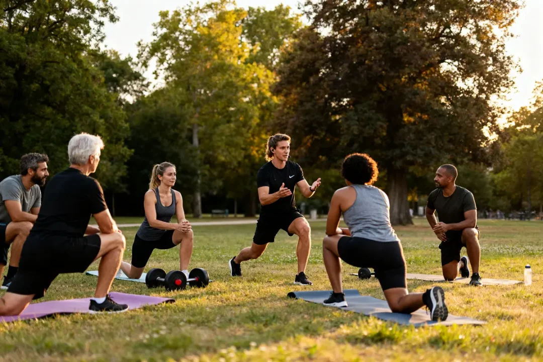 Séance d'entraînement en plein air pour devenir coach sportif avec un groupe motivé