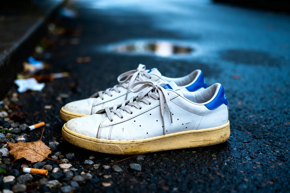 Paire de sneakers blanches usées, parmi les sneakers les plus vendues, sur trottoir humide
