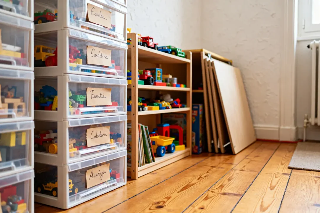Boîtes et étagères pour storing toys dans une chambre d'enfant organisée et lumineuse