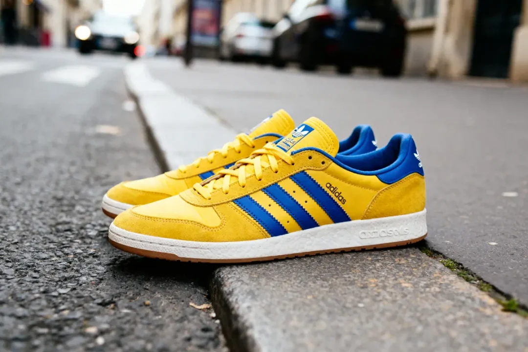 Chaussures Adidas jaune et bleu sur la chaussée urbaine, perspective dynamique en extérieur