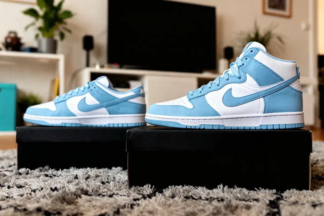 Sneakers bleu ciel Dunk exposées dans un salon moderne sur des boîtes noires