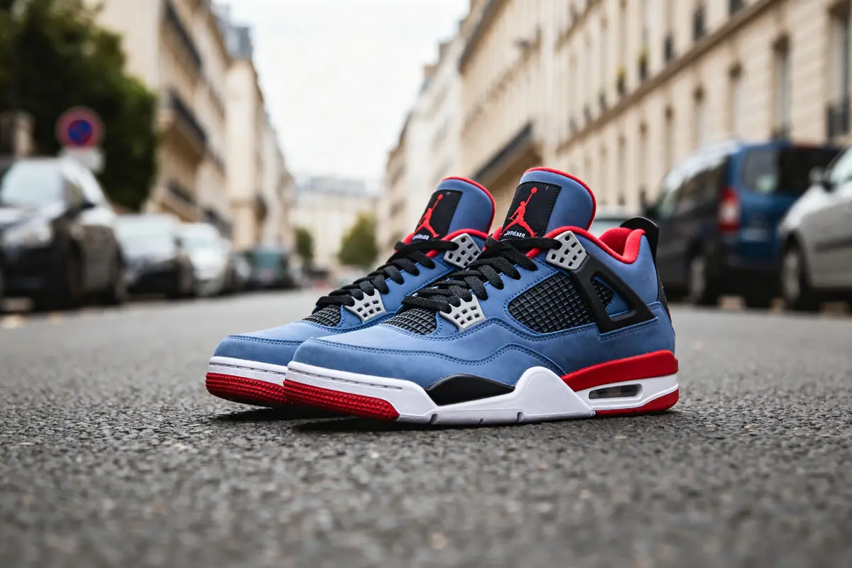 Baskets Jordan 4 bleues et rouges posées sur une rue pavée en ville