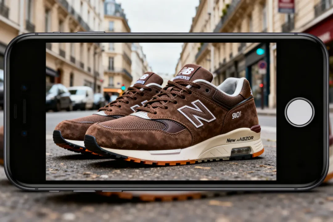 Chaussures New Balance 9060 marron photographiées en gros plan dans une rue parisienne