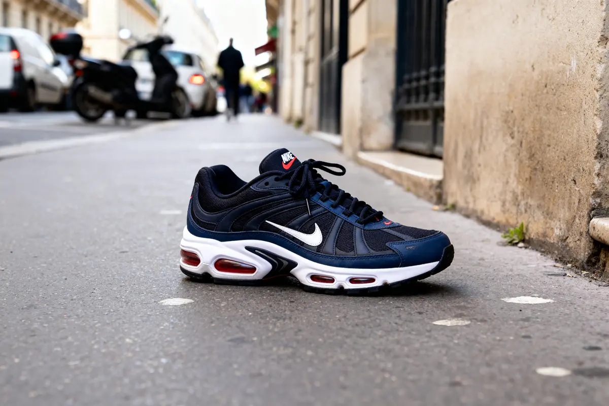 Baskets Nike Air Tuned Max bleues sur un trottoir urbain avec fond flou