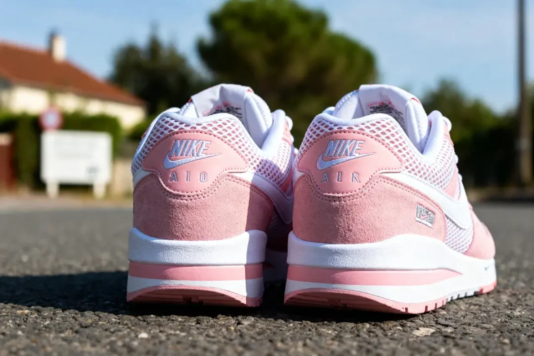 Dos de baskets Nike Air rose et blanche sur route en extérieur.