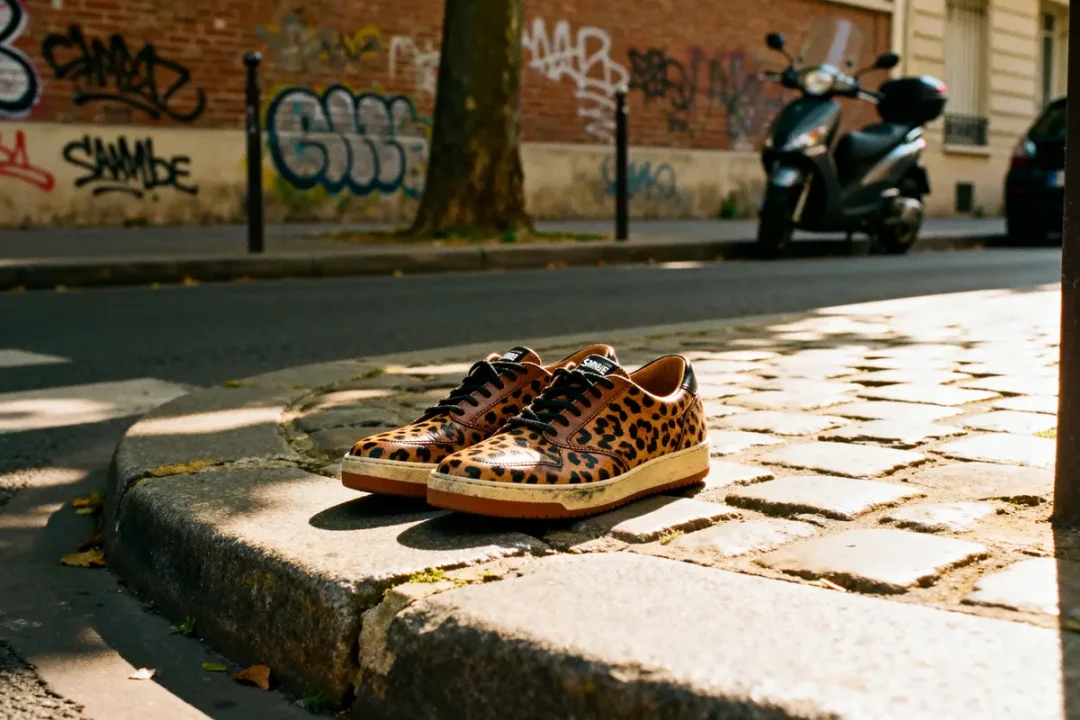 Chaussures imprimé léopard Sambae posées sur un trottoir pavé urbain