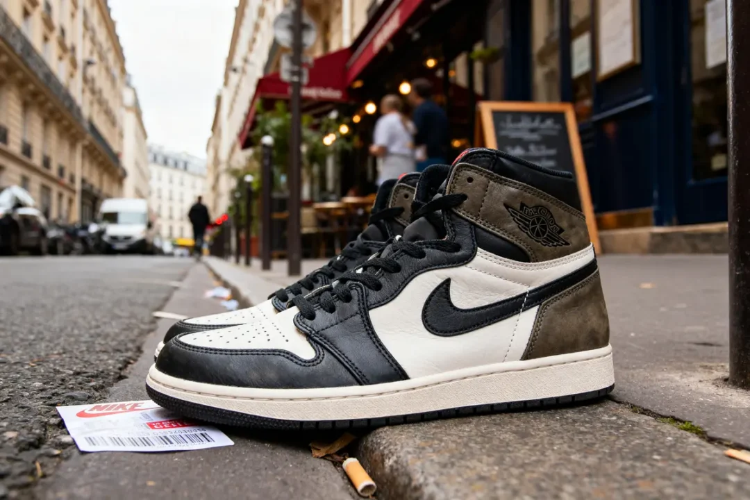 Basket noire et blanche de Travis Scott avec Nike Air Jordan sur un trottoir parisien