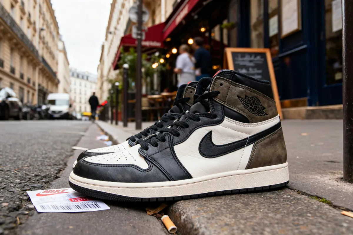 Basket noire et blanche de Travis Scott avec Nike Air Jordan sur un trottoir parisien