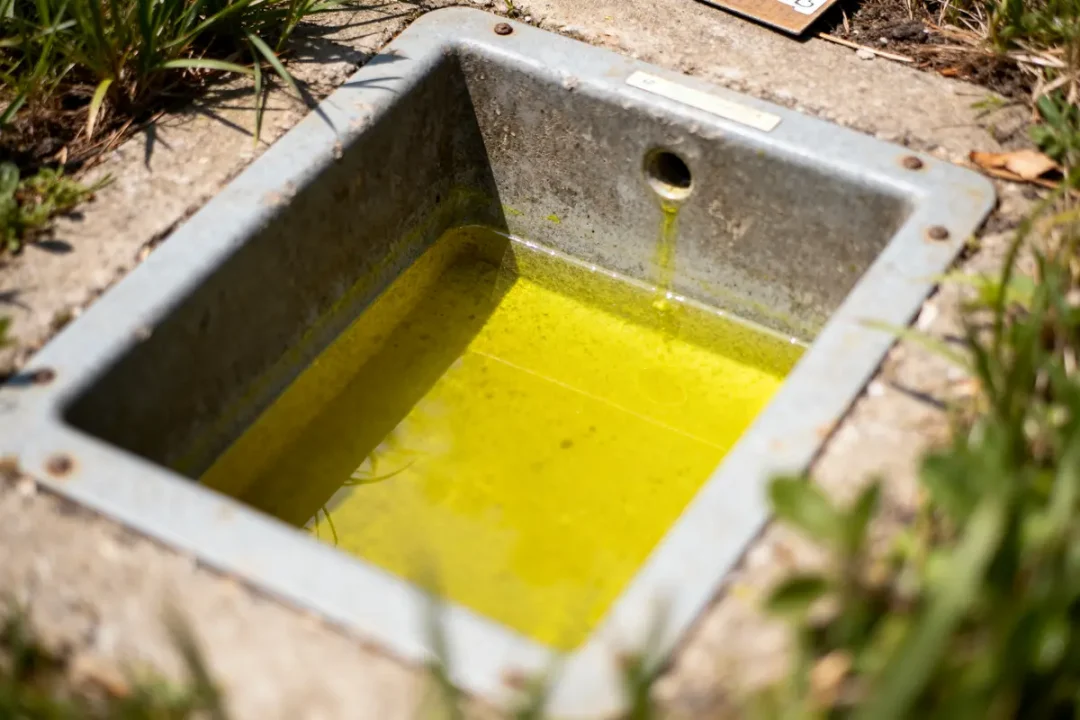 Liquide jaune fluo dans une canalisation, illustrant le danger de l'urine jaune fluo