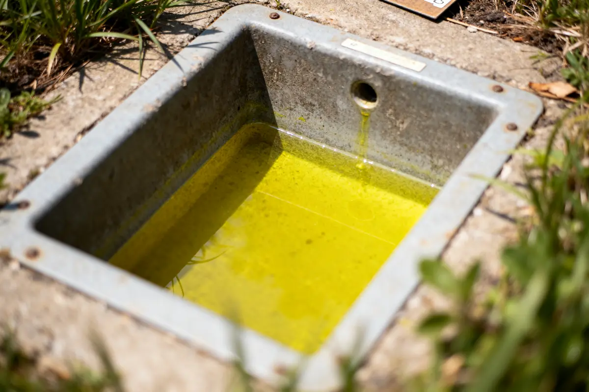 Liquide jaune fluo dans une canalisation, illustrant le danger de l'urine jaune fluo