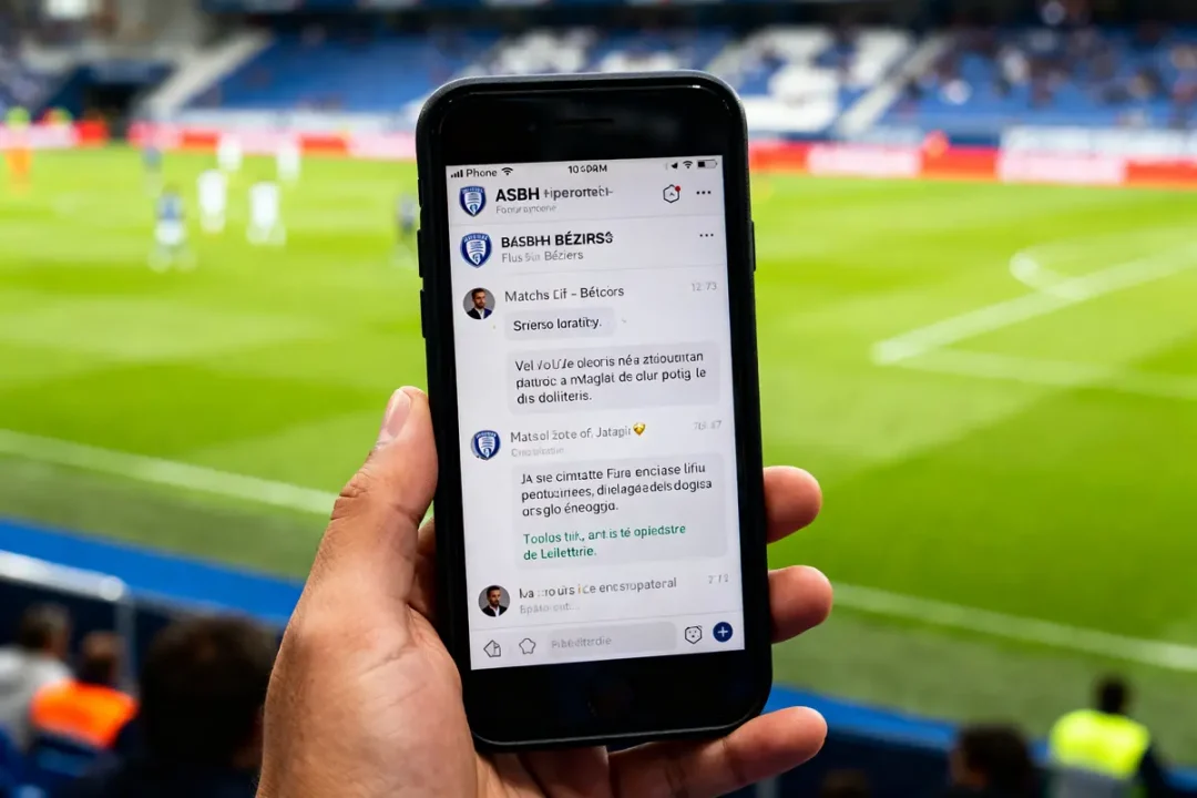 Écran de smartphone affichant le forum de l'ASBH dans un stade de football