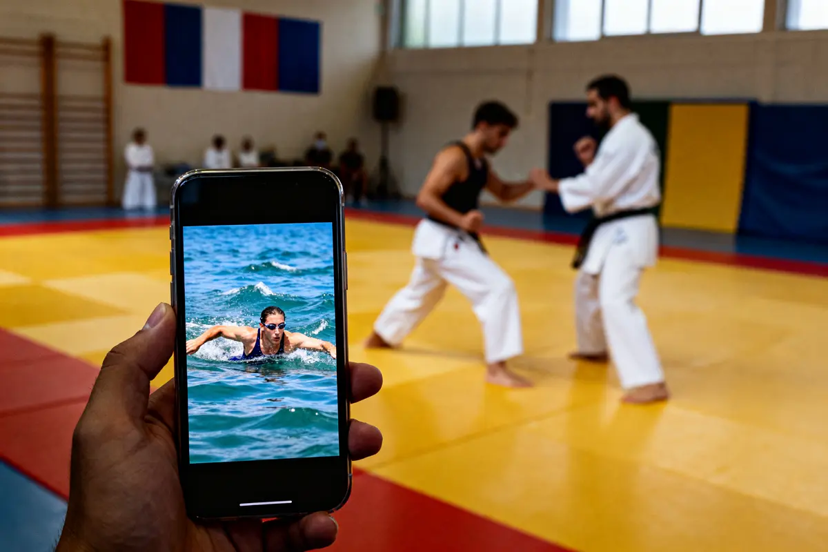 Téléphone affichant un nageur, tatami d'arts martiaux derrière, liste des sports en O.