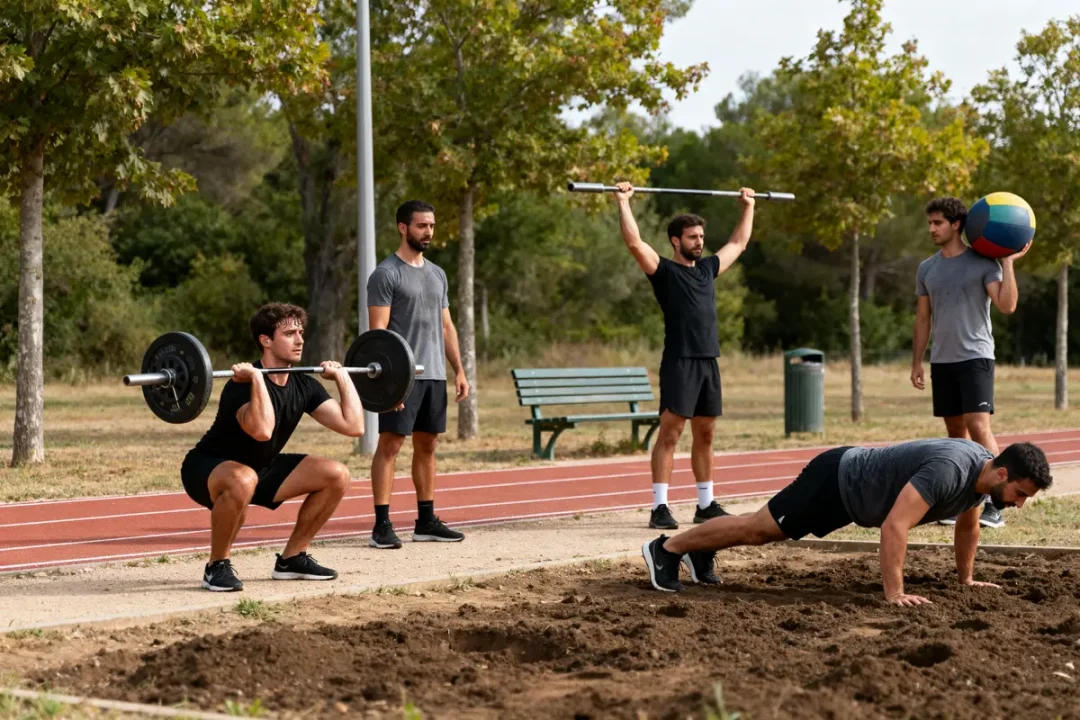 Groupe d'hommes en extérieur suivant un programme de musculation complet avec divers équipements