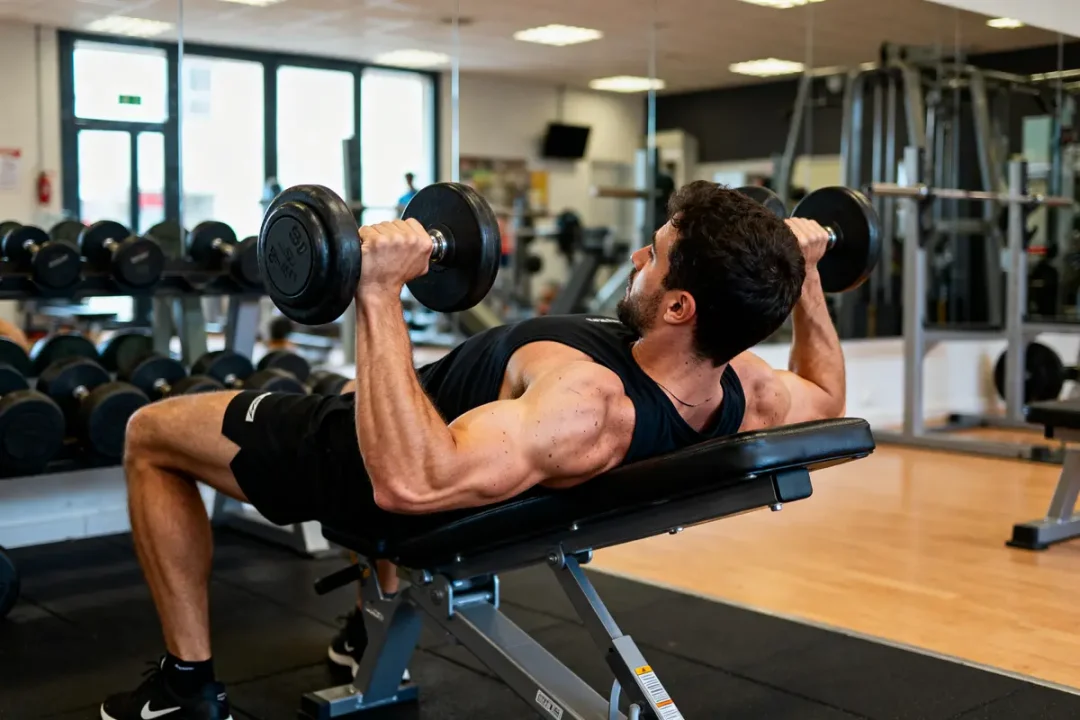 Un homme effectue des spider bicep curls avec haltères sur un banc incliné.