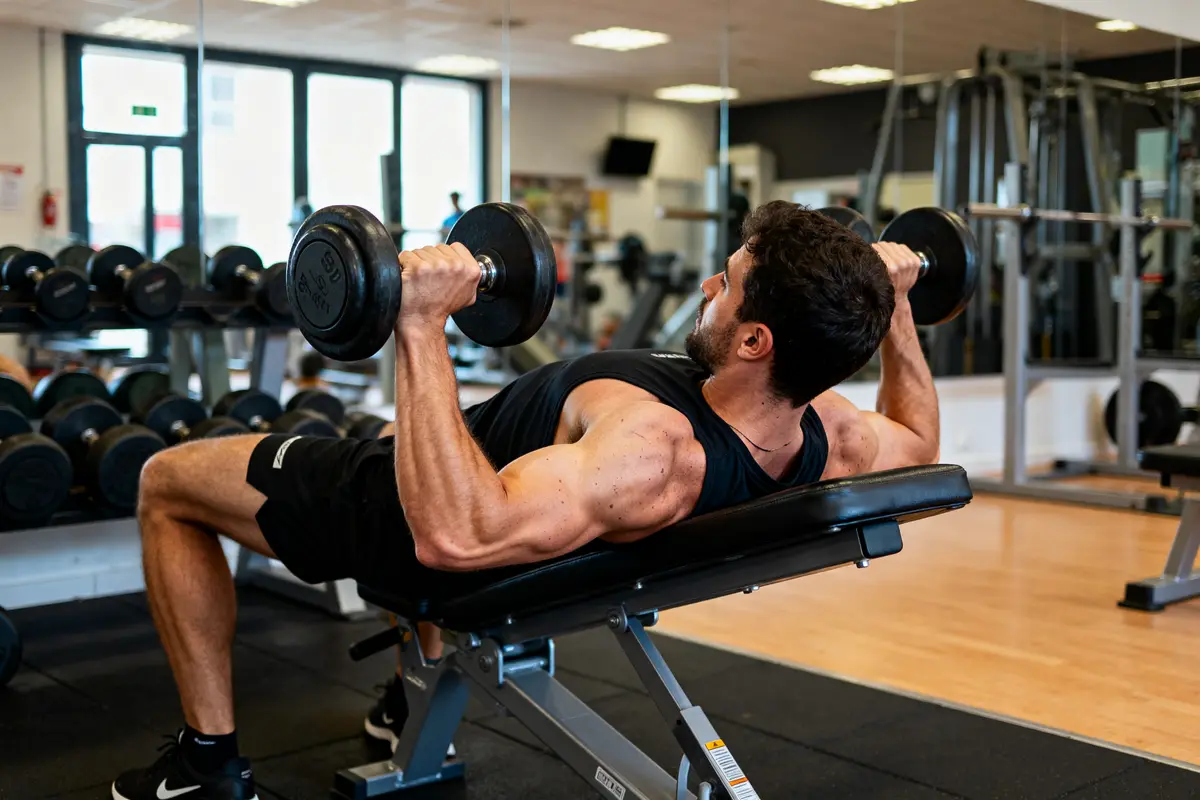 Un homme effectue des spider bicep curls avec haltères sur un banc incliné.