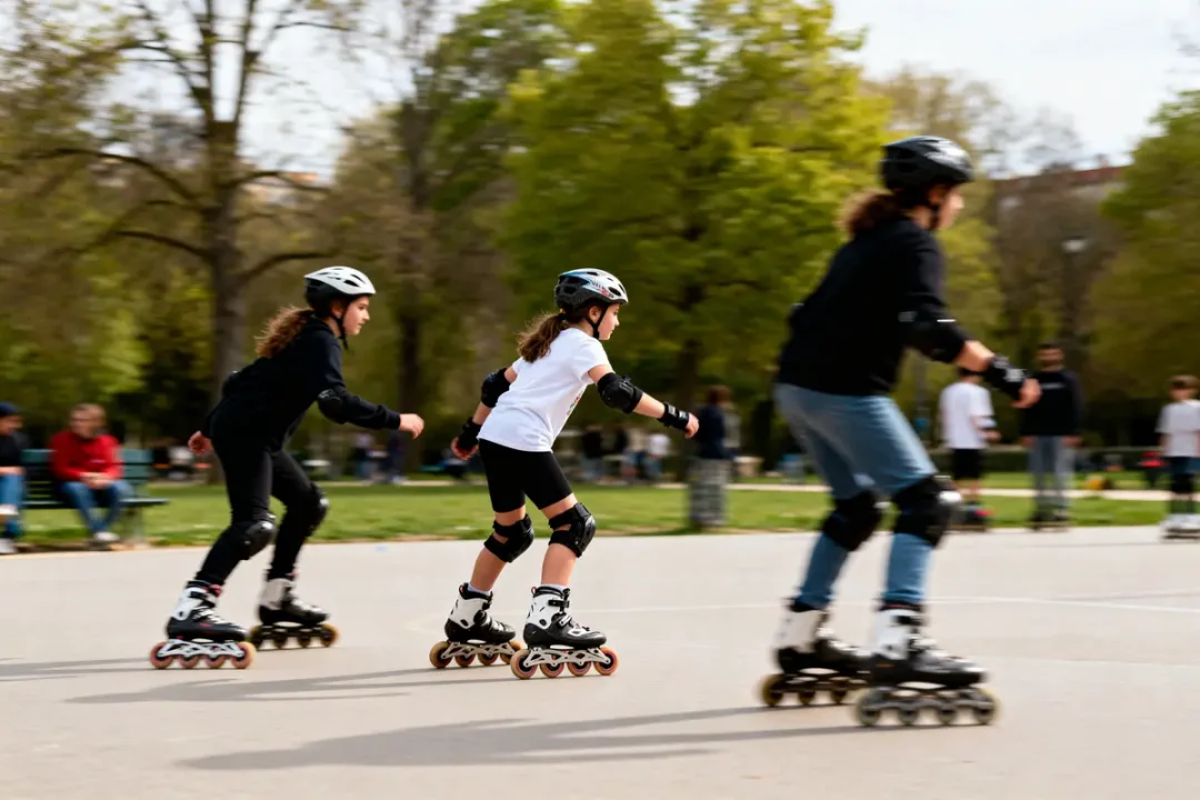 Personnes pratiquant le sport roller dans un parc avec équipements de sécurité